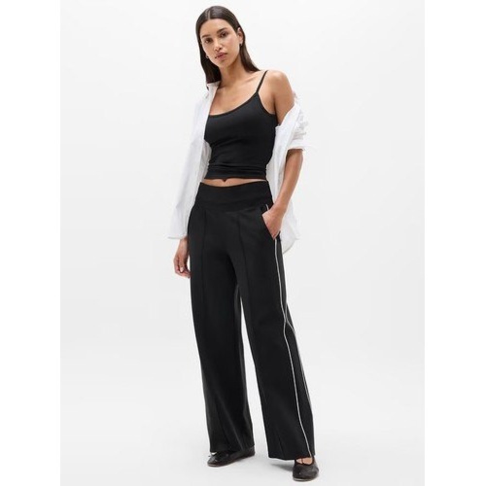 Athleta Venice High Rise Wide Leg Pants Brown White Stripe Snap Hem Medium